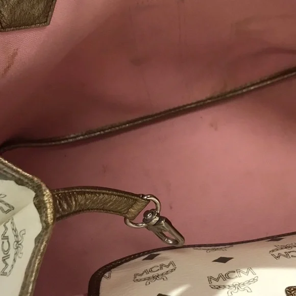 MCM Tote Bag White Logo Visetos Canvas Leather Trim Shoulder Bag - Picture 11 of 16